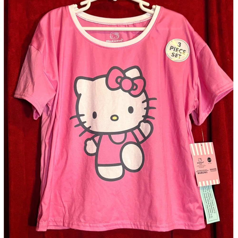 Hello Kitty Pajama Set Kids Size 10/12 Pink New 3-Piece Tee Shorts Pants Sanrio